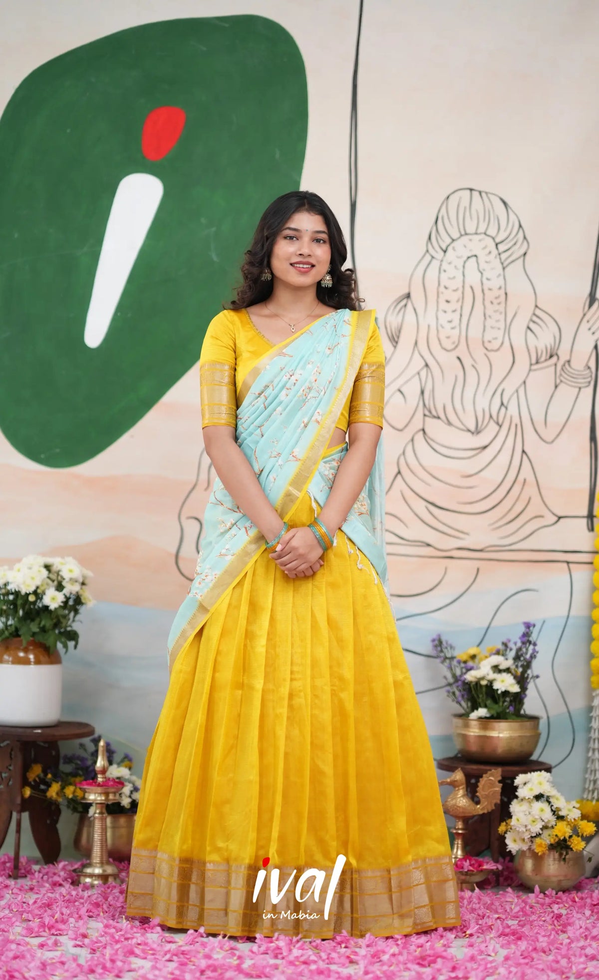 Savarna Mangalagiri Halfsaree - Yellow and Light Blue - Half Sarees