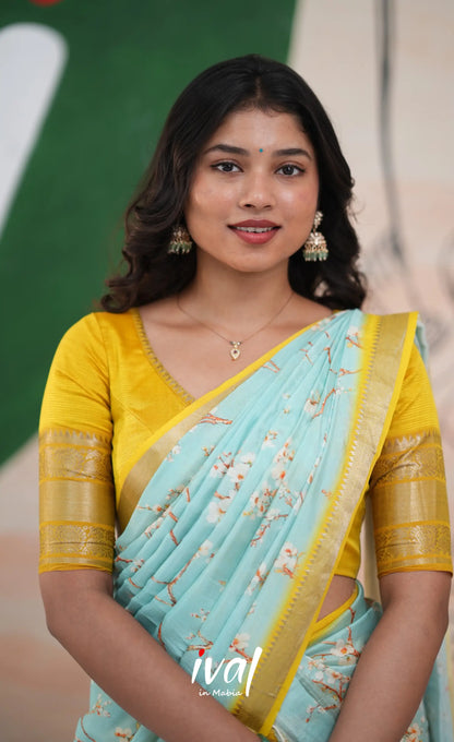 Savarna Mangalagiri Halfsaree - Yellow and Light Blue - Half Sarees
