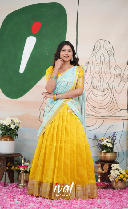 Savarna Mangalagiri Halfsaree - Yellow and Light Blue - Half Sarees
