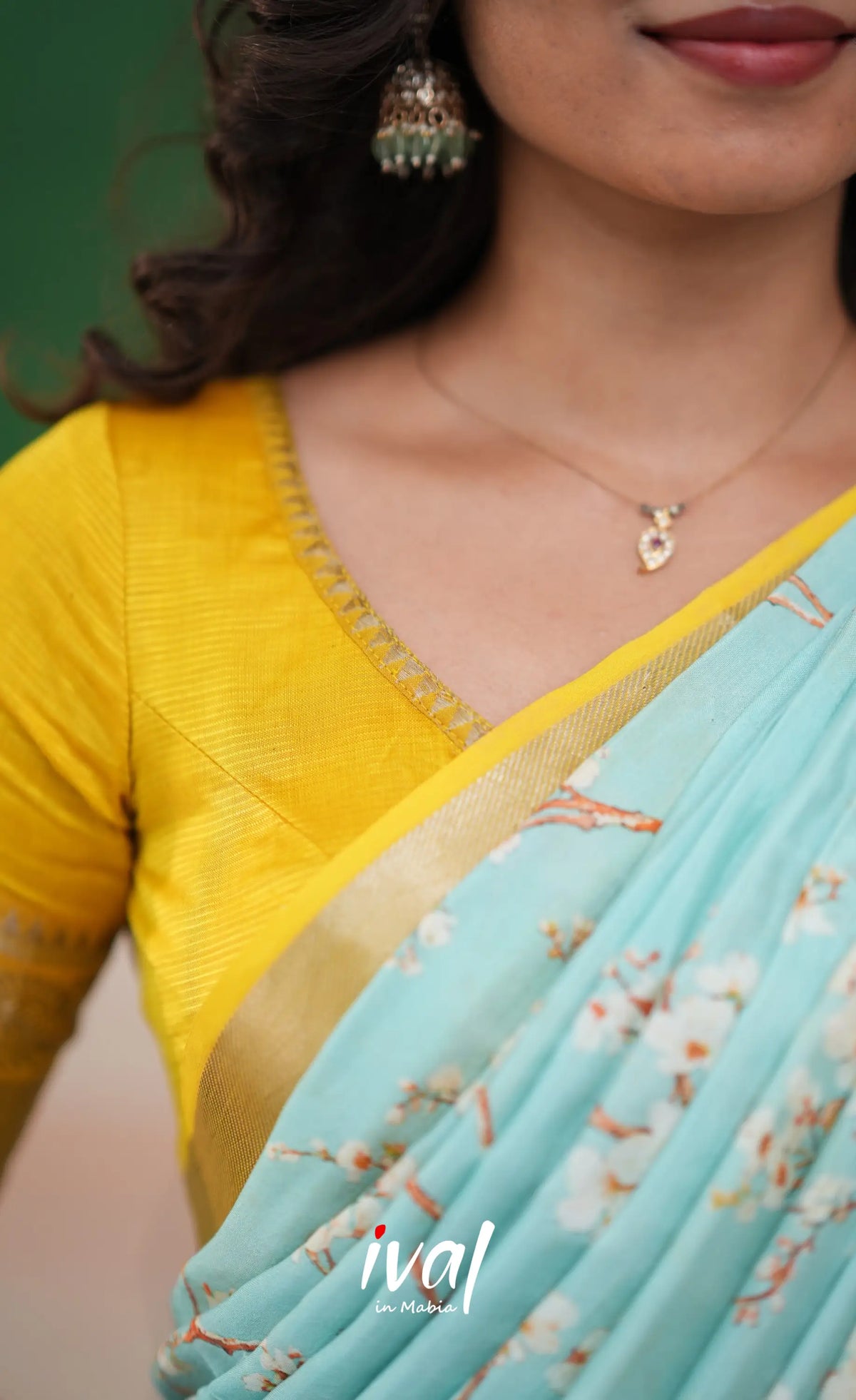 Savarna Mangalagiri Halfsaree - Yellow and Light Blue - Half Sarees