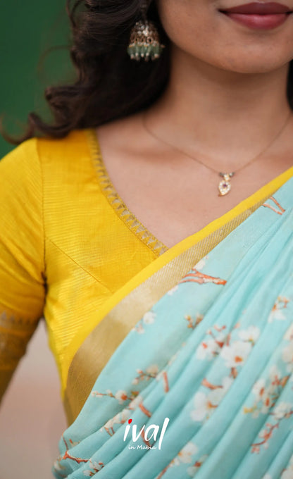 Savarna Mangalagiri Halfsaree - Yellow and Light Blue - Half Sarees