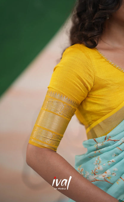 Savarna Mangalagiri Halfsaree - Yellow and Light Blue - Half Sarees
