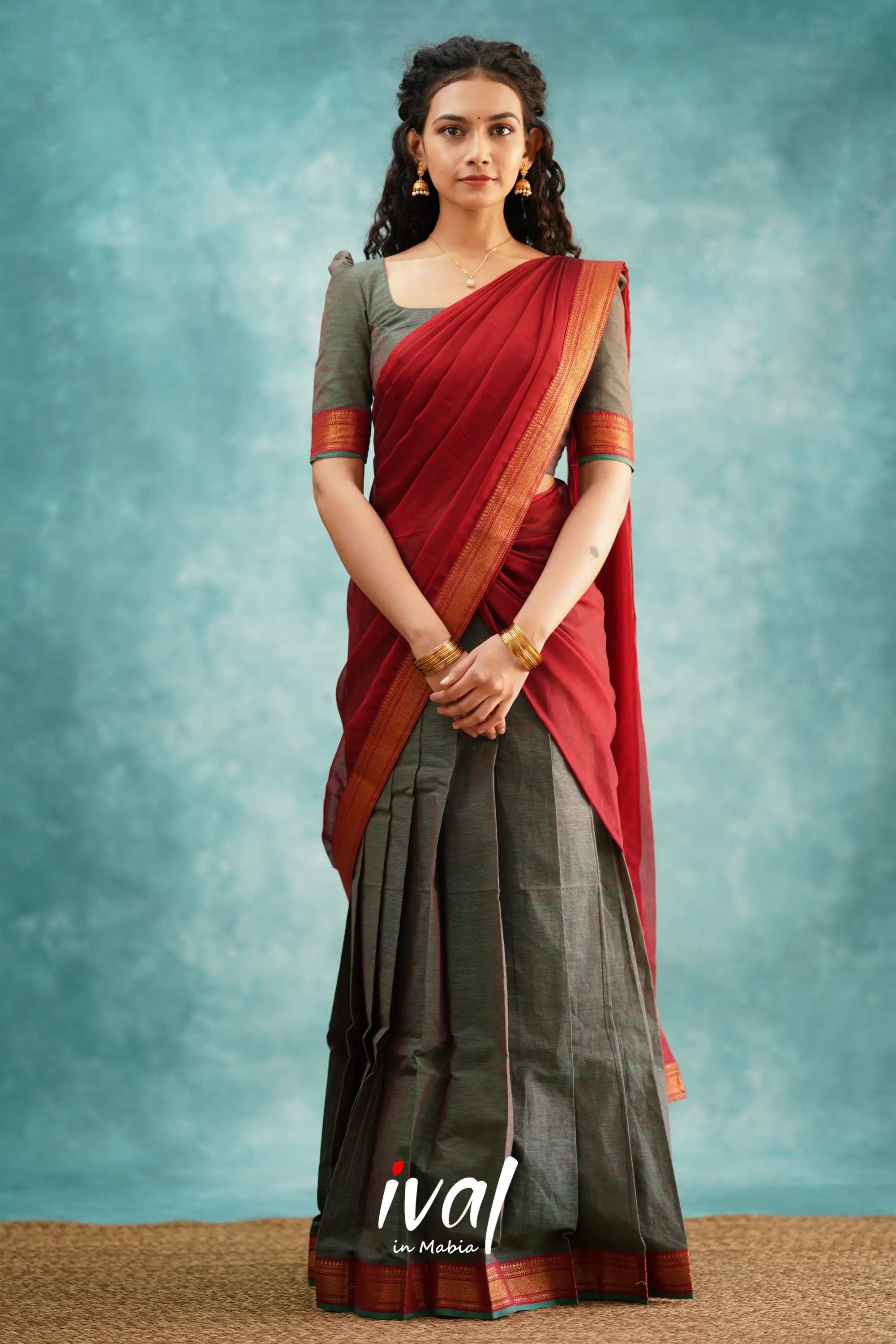 Savarna - Manthalir Green And Maroon Cotton Halfsaree Half Sarees