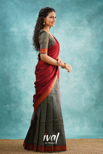 Savarna - Manthalir Green And Maroon Cotton Halfsaree Half Sarees