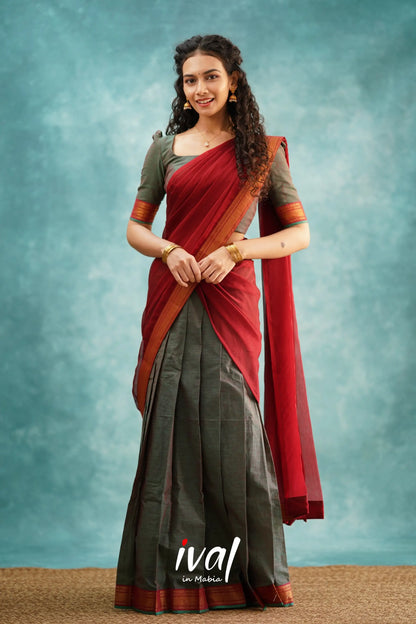 Savarna - Manthalir Green And Maroon Cotton Halfsaree Half Sarees