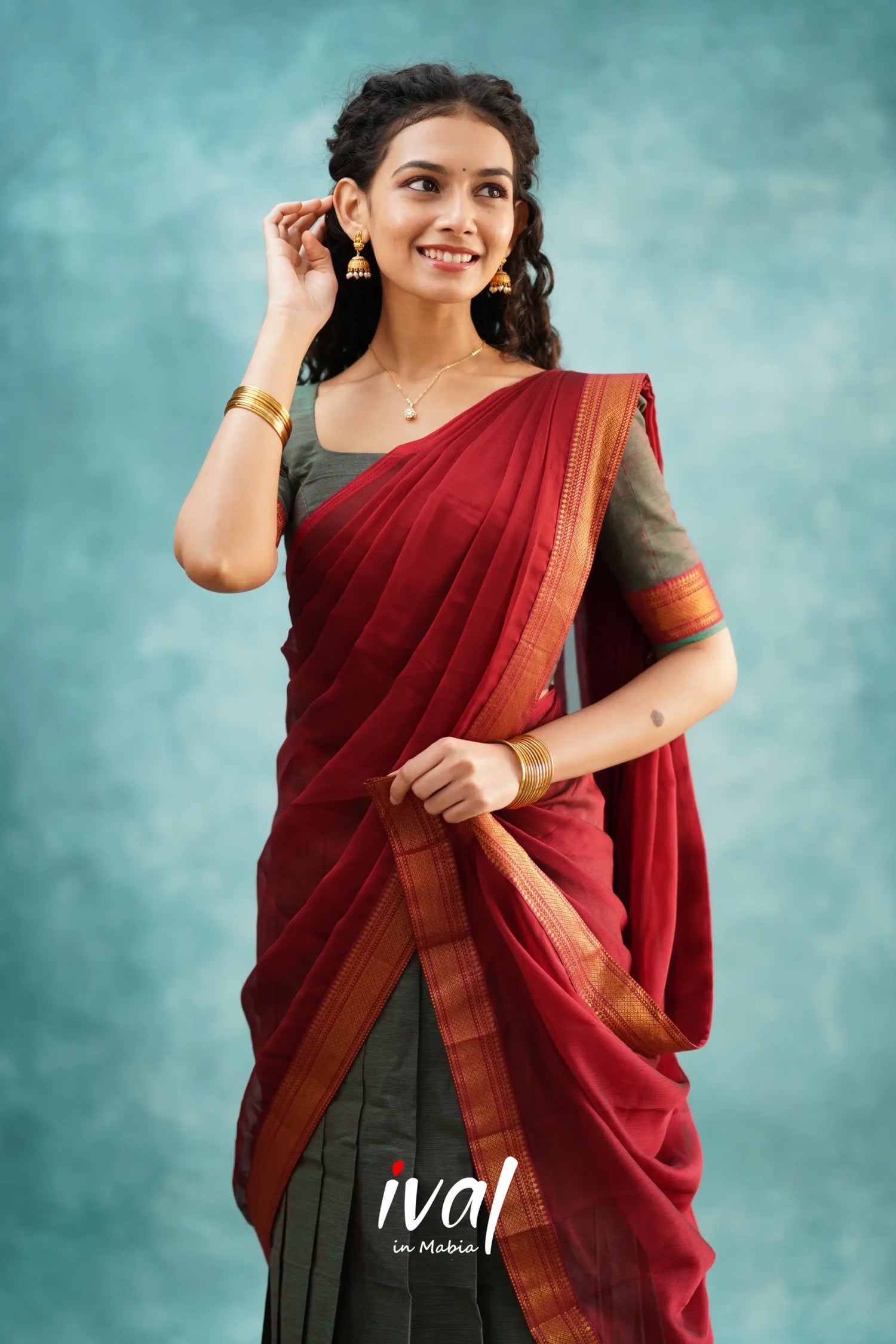 Savarna - Manthalir Green And Maroon Cotton Halfsaree Half Sarees