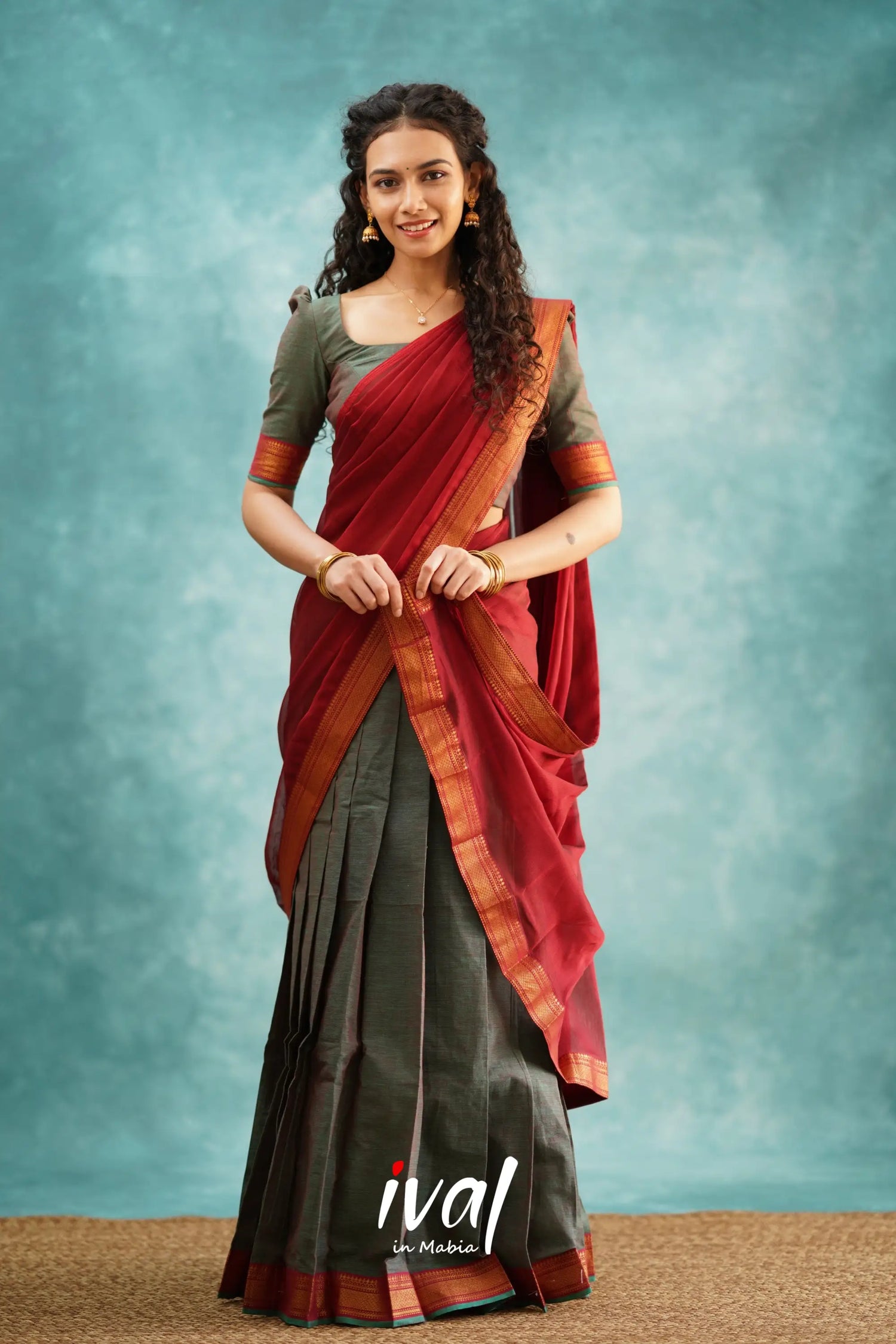 Savarna - Manthalir Green And Maroon Cotton Halfsaree Half Sarees