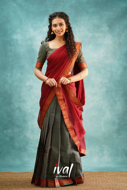 Savarna - Manthalir Green And Maroon Cotton Halfsaree Half Sarees