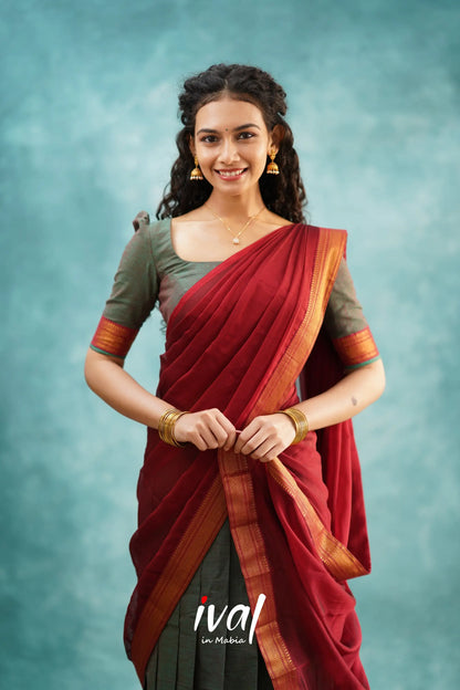 Savarna - Manthalir Green And Maroon Cotton Halfsaree Half Sarees