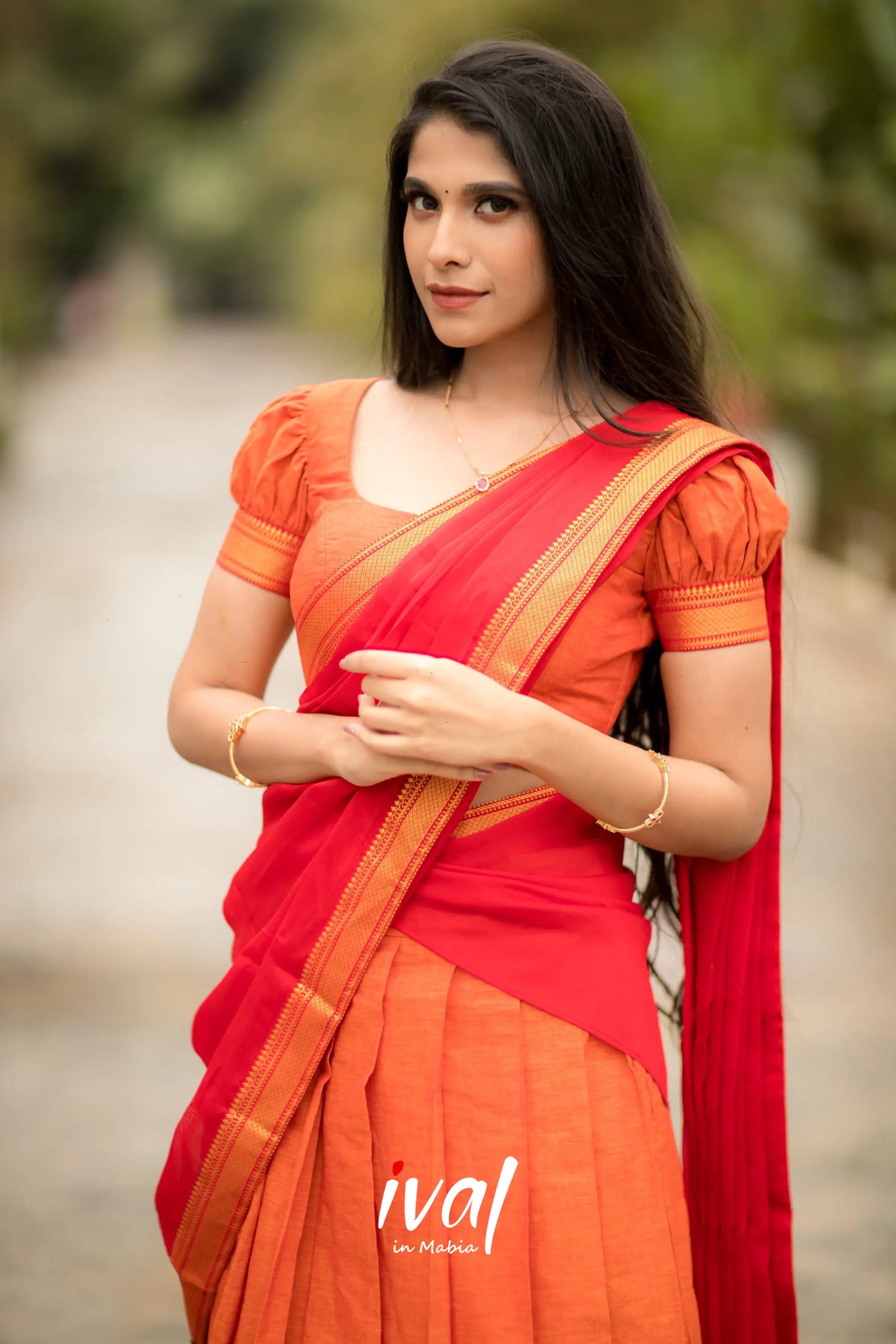 Savarna - Orange And Red Cotton Halfsaree Half Sarees