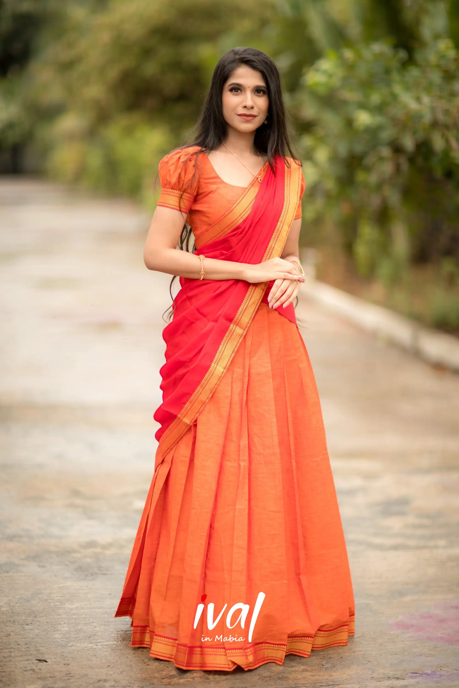 Savarna - Orange And Red Cotton Halfsaree Half Sarees