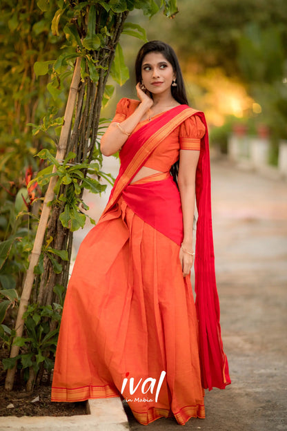 Savarna - Orange And Red Cotton Halfsaree Half Sarees