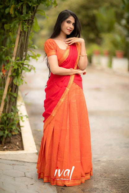 Savarna - Orange And Red Cotton Halfsaree Half Sarees