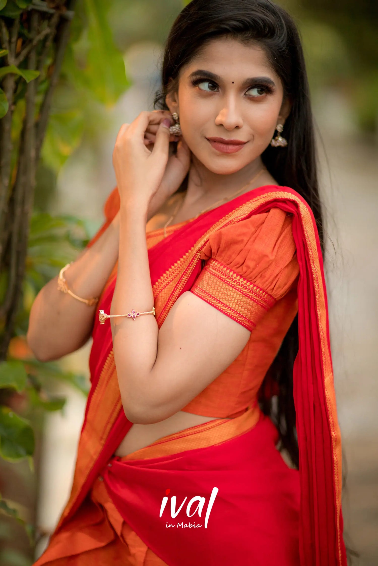 Savarna - Orange And Red Cotton Halfsaree Half Sarees