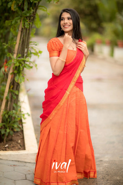 Savarna - Orange And Red Cotton Halfsaree Half Sarees