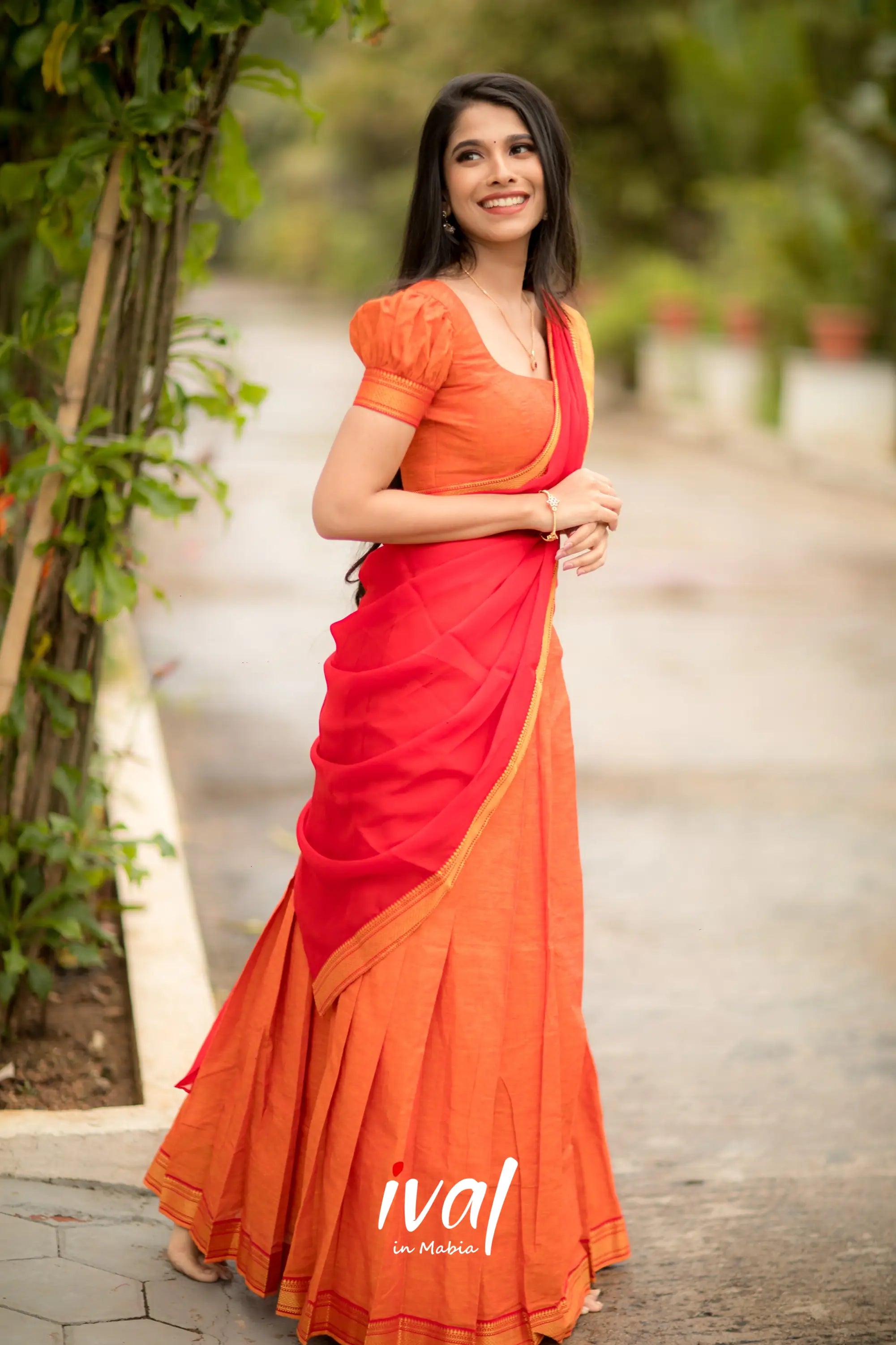 Savarna - Orange And Red Cotton Halfsaree Half Sarees