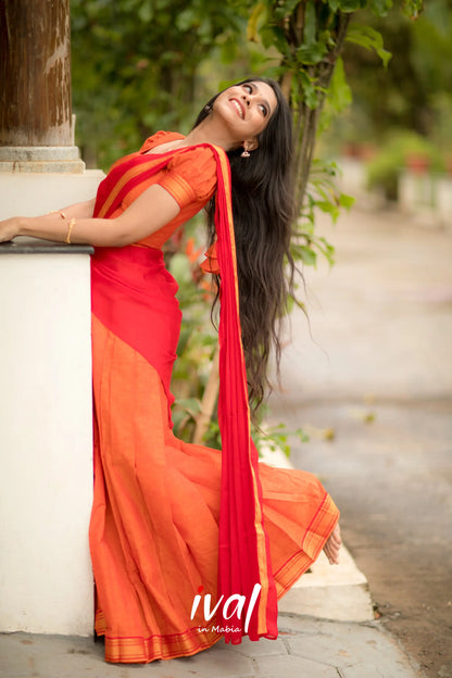 Savarna - Orange And Red Cotton Halfsaree Half Sarees