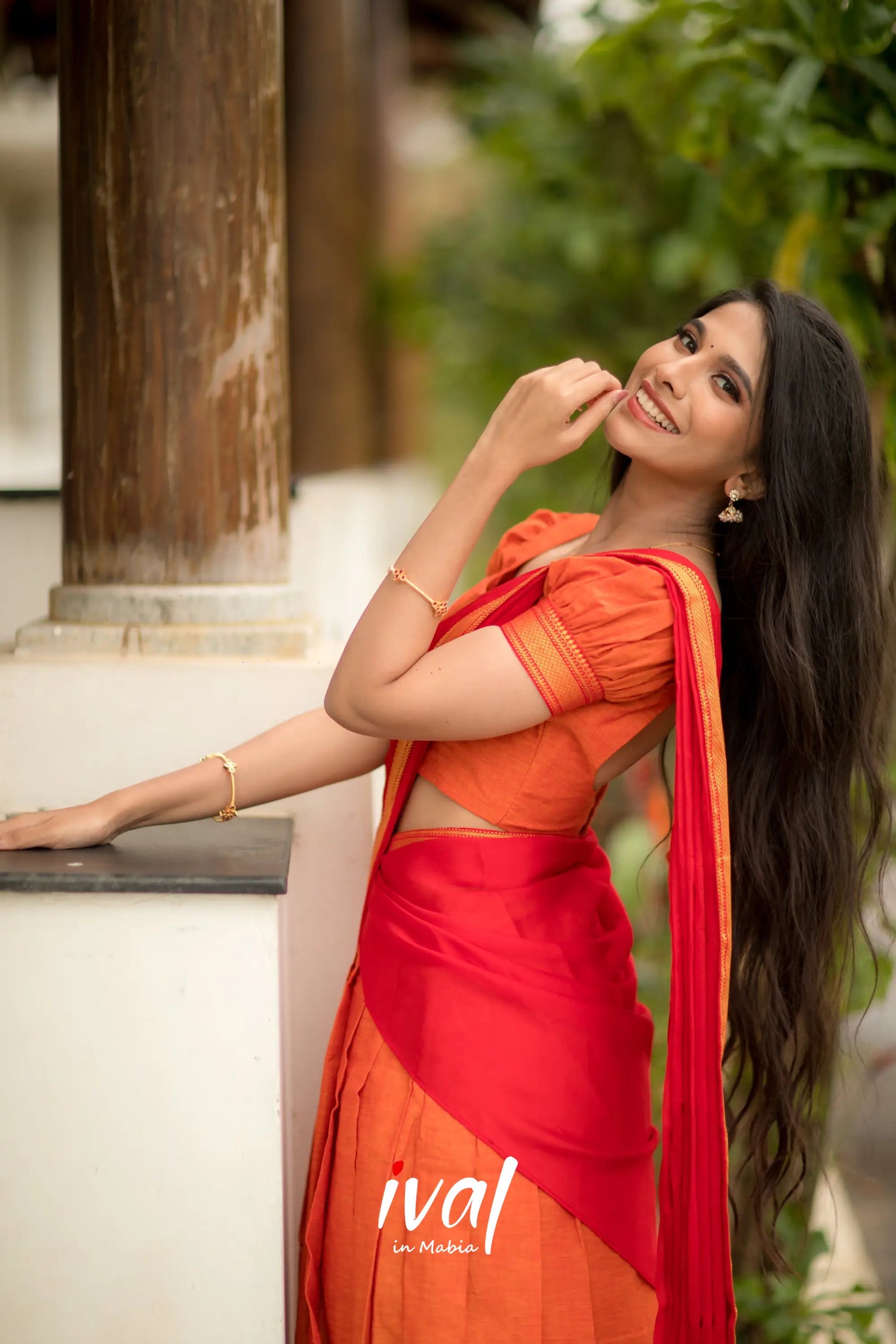 Savarna - Orange And Red Cotton Halfsaree Half Sarees