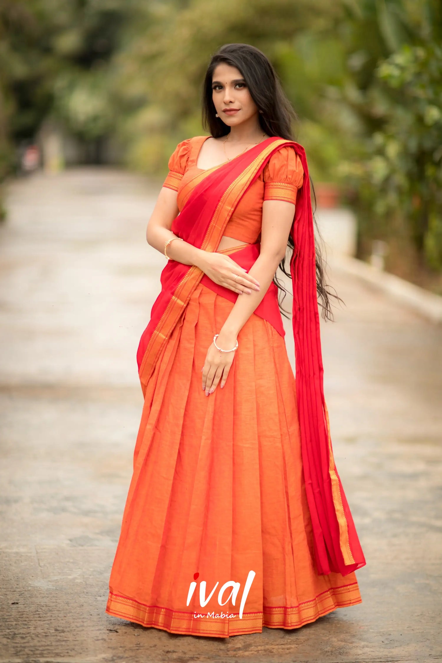 Savarna - Orange And Red Cotton Halfsaree Half Sarees