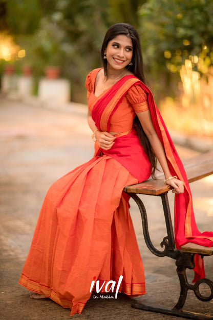 Savarna - Orange And Red Cotton Halfsaree Half Sarees