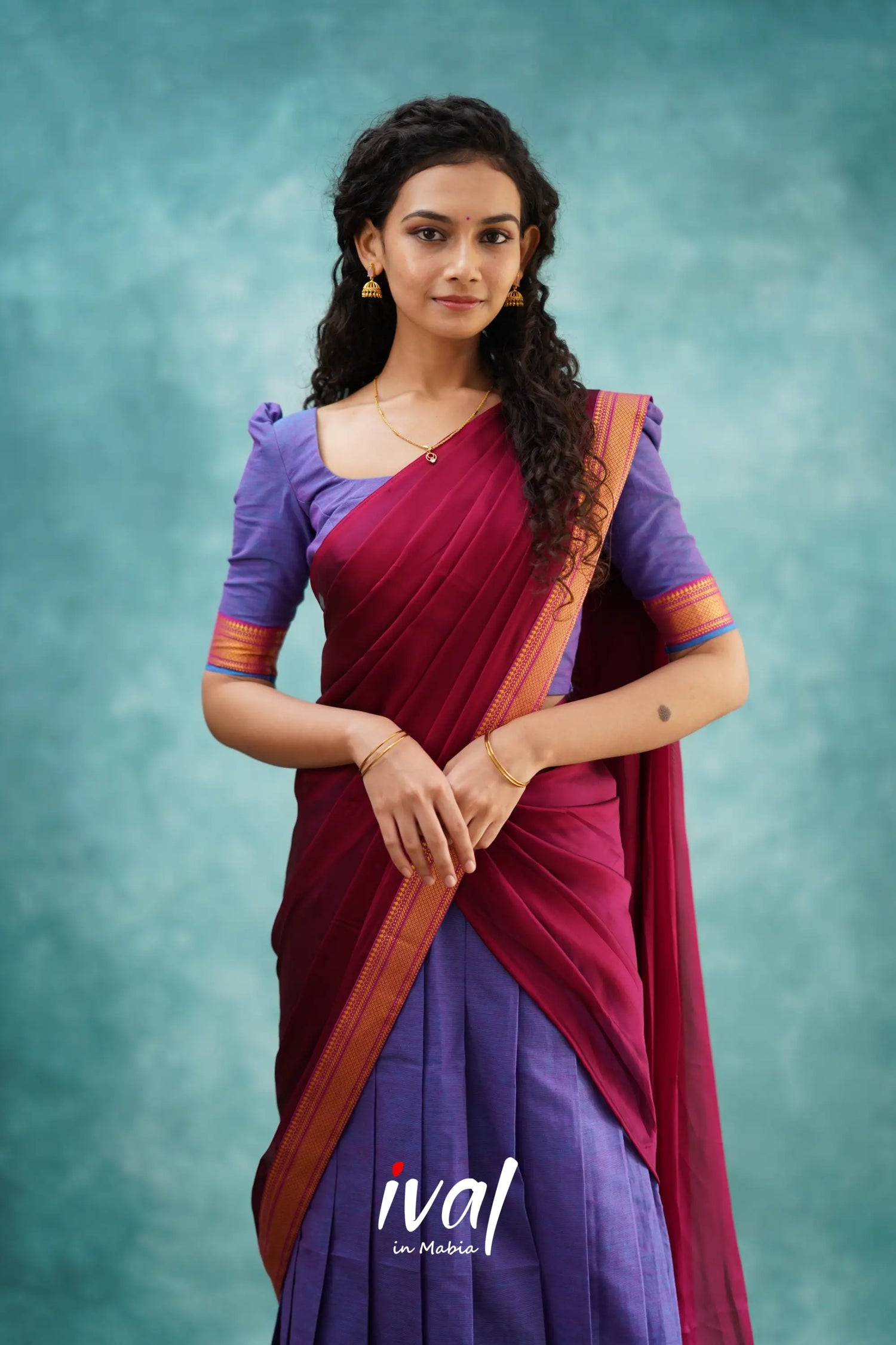 Savarna - Purple And Dark Magenta Cotton Halfsaree Half Sarees