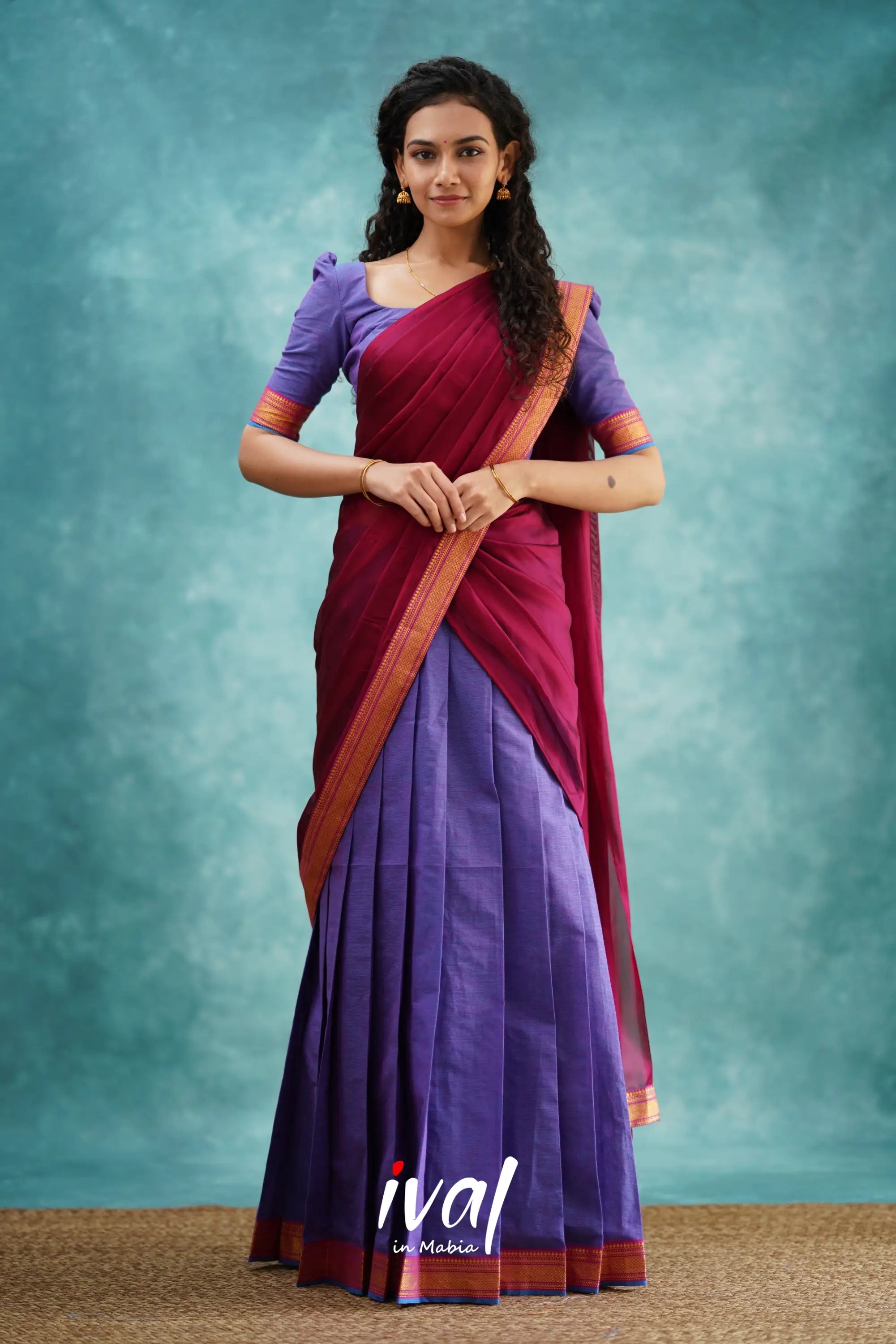 Savarna - Purple And Dark Magenta Cotton Halfsaree Half Sarees