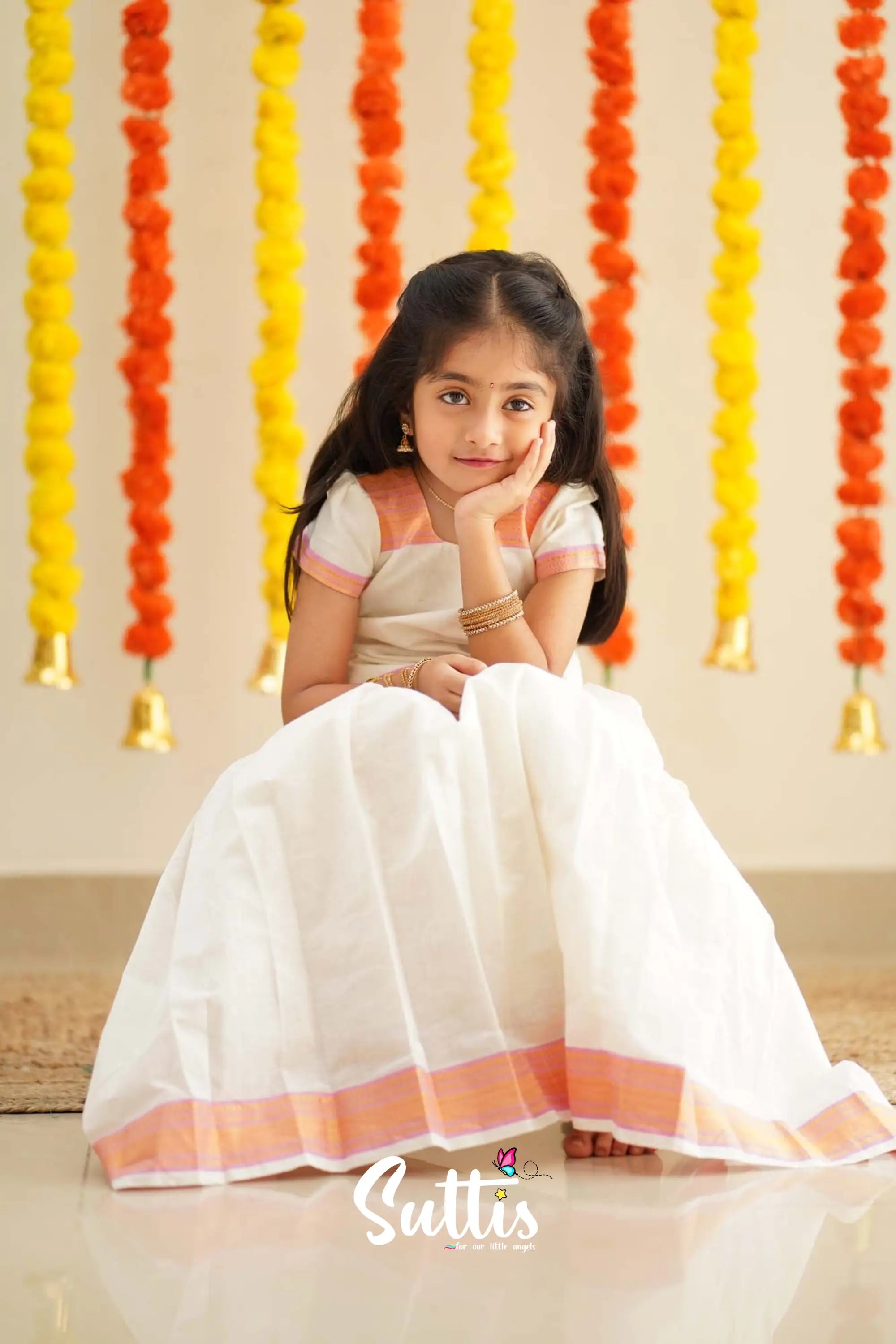 Savarna - White And Baby Pink Handloom Cotton Pavadai Sattai Kids-Suttis