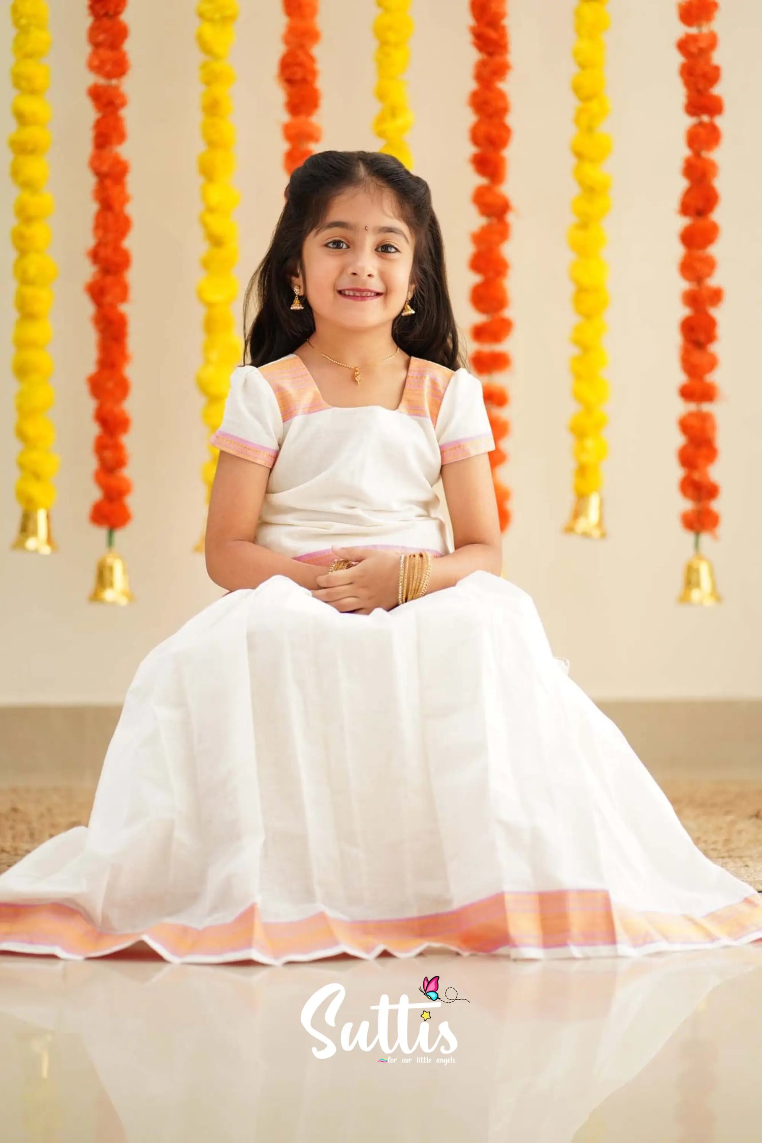 Savarna - White And Baby Pink Handloom Cotton Pavadai Sattai Kids-Suttis