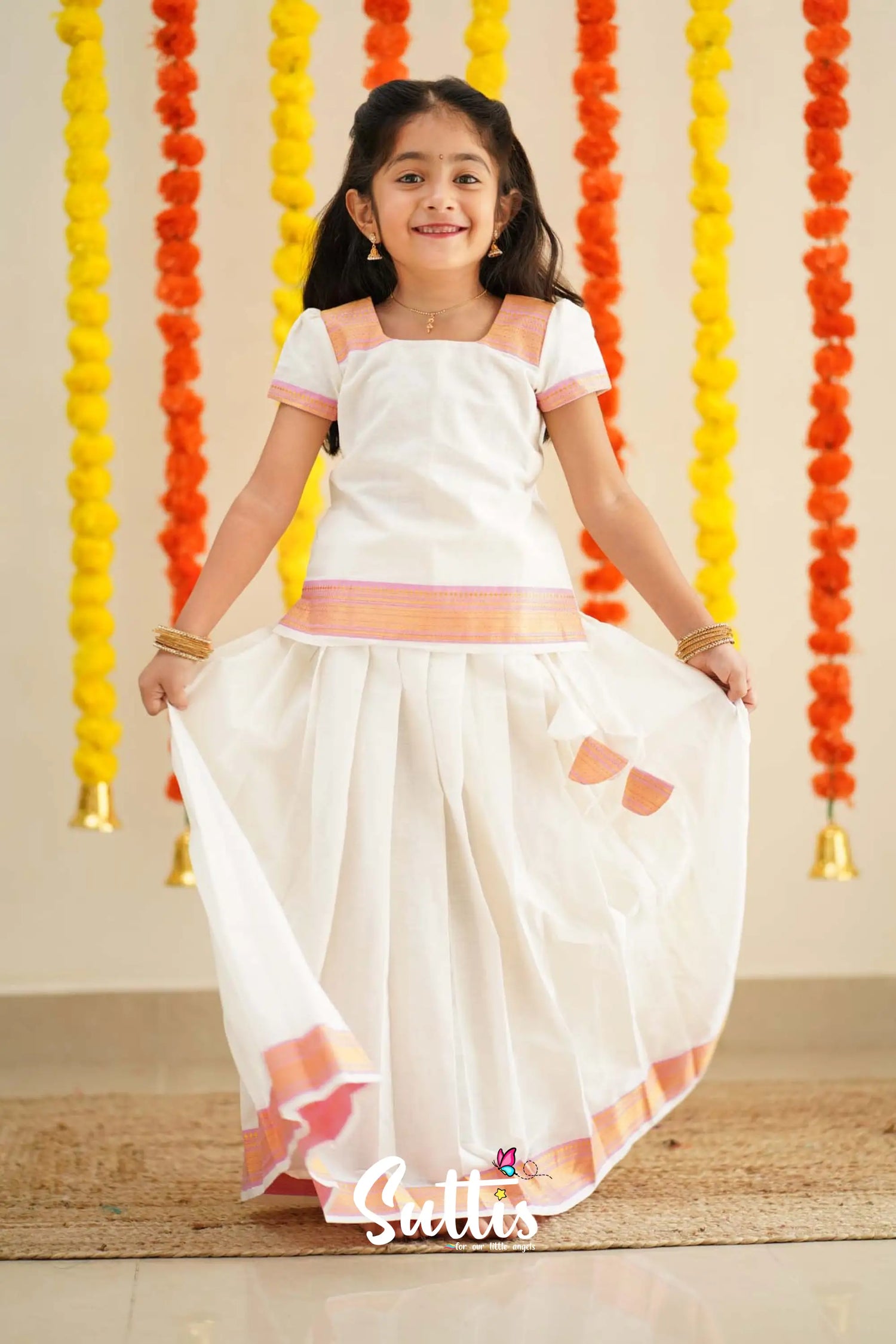 Savarna - White And Baby Pink Handloom Cotton Pavadai Sattai Kids-Suttis