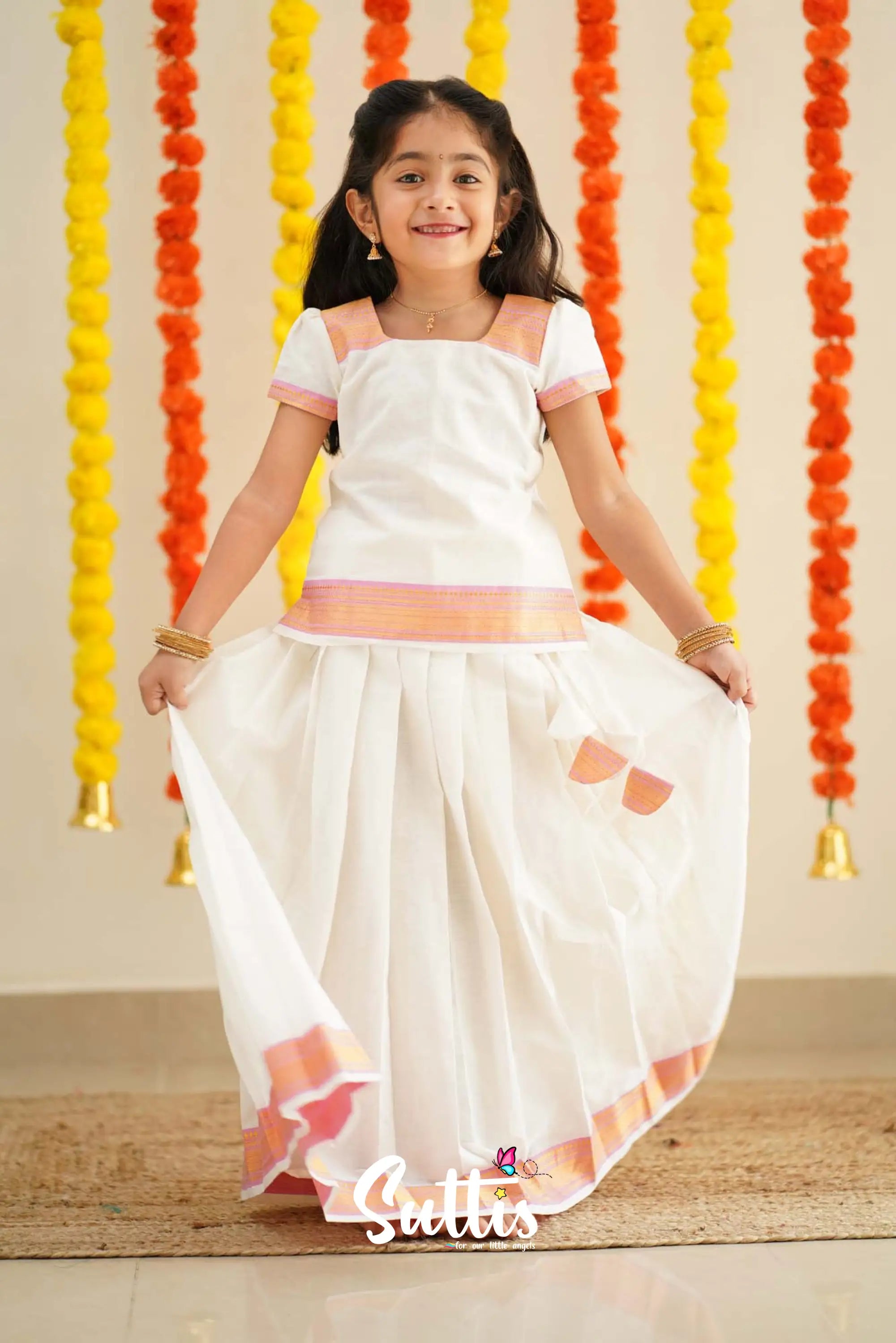 Savarna - White And Baby Pink Handloom Cotton Pavadai Sattai Kids-Suttis