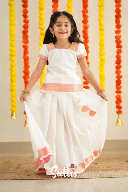 Savarna - White And Baby Pink Handloom Cotton Pavadai Sattai Kids-Suttis