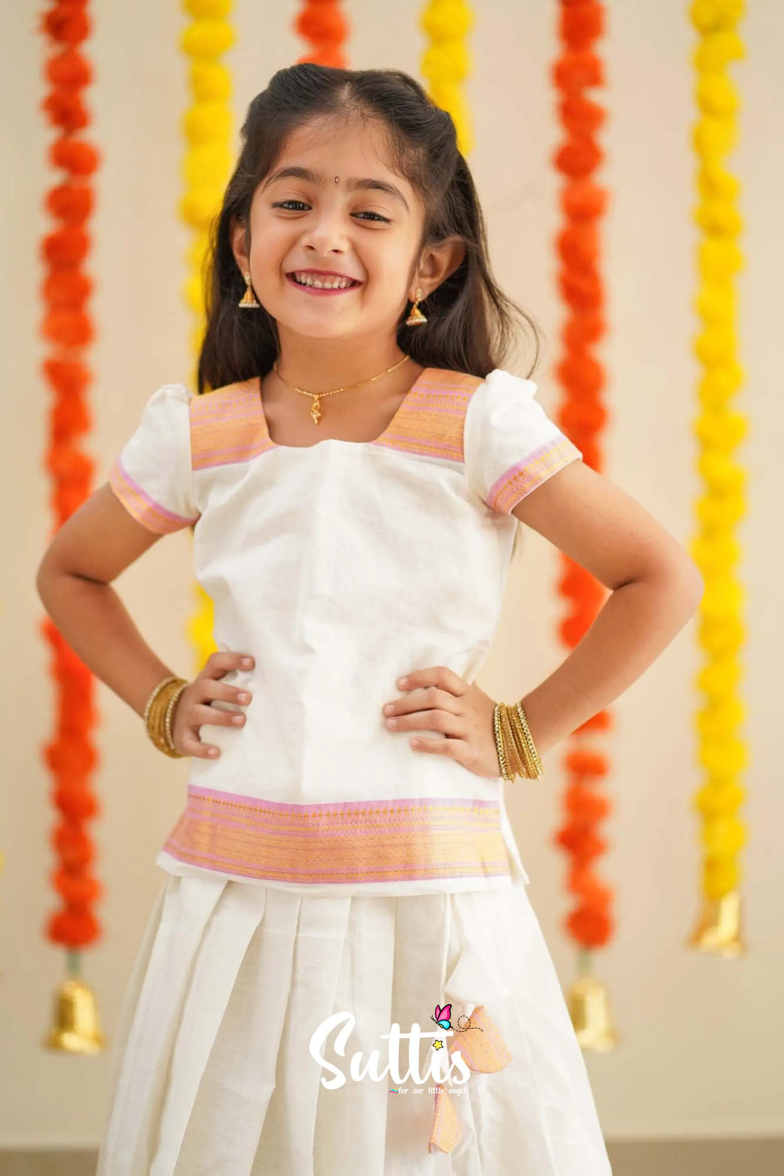 Savarna - White And Baby Pink Handloom Cotton Pavadai Sattai Kids-Suttis