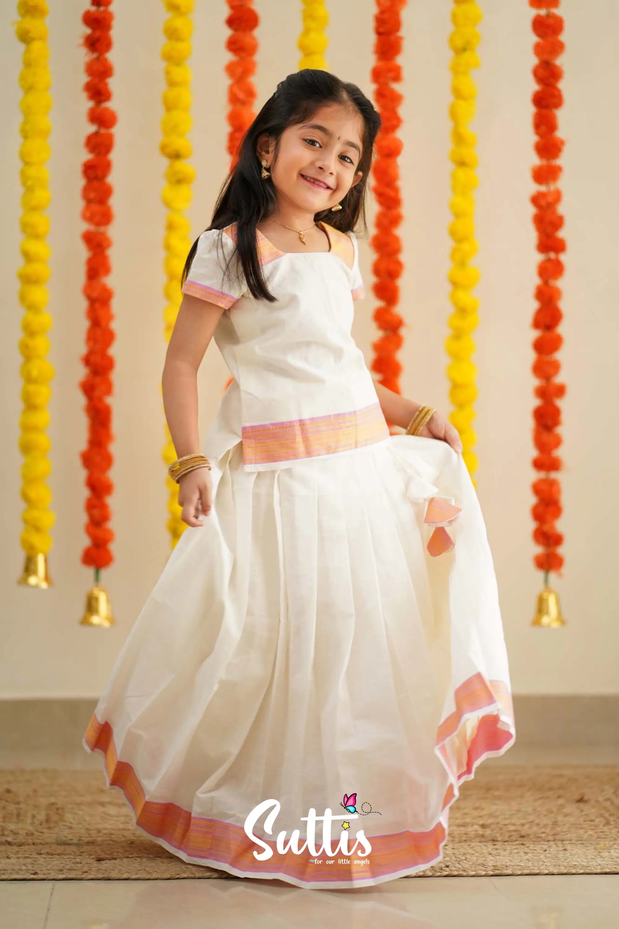 Savarna - White And Baby Pink Handloom Cotton Pavadai Sattai Kids-Suttis
