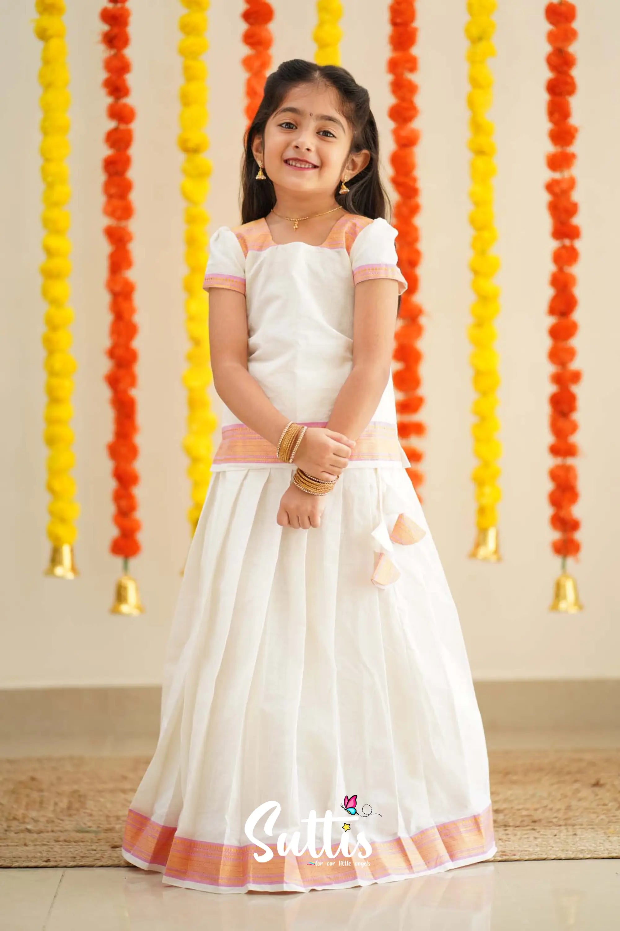 Savarna - White And Baby Pink Handloom Cotton Pavadai Sattai Kids-Suttis