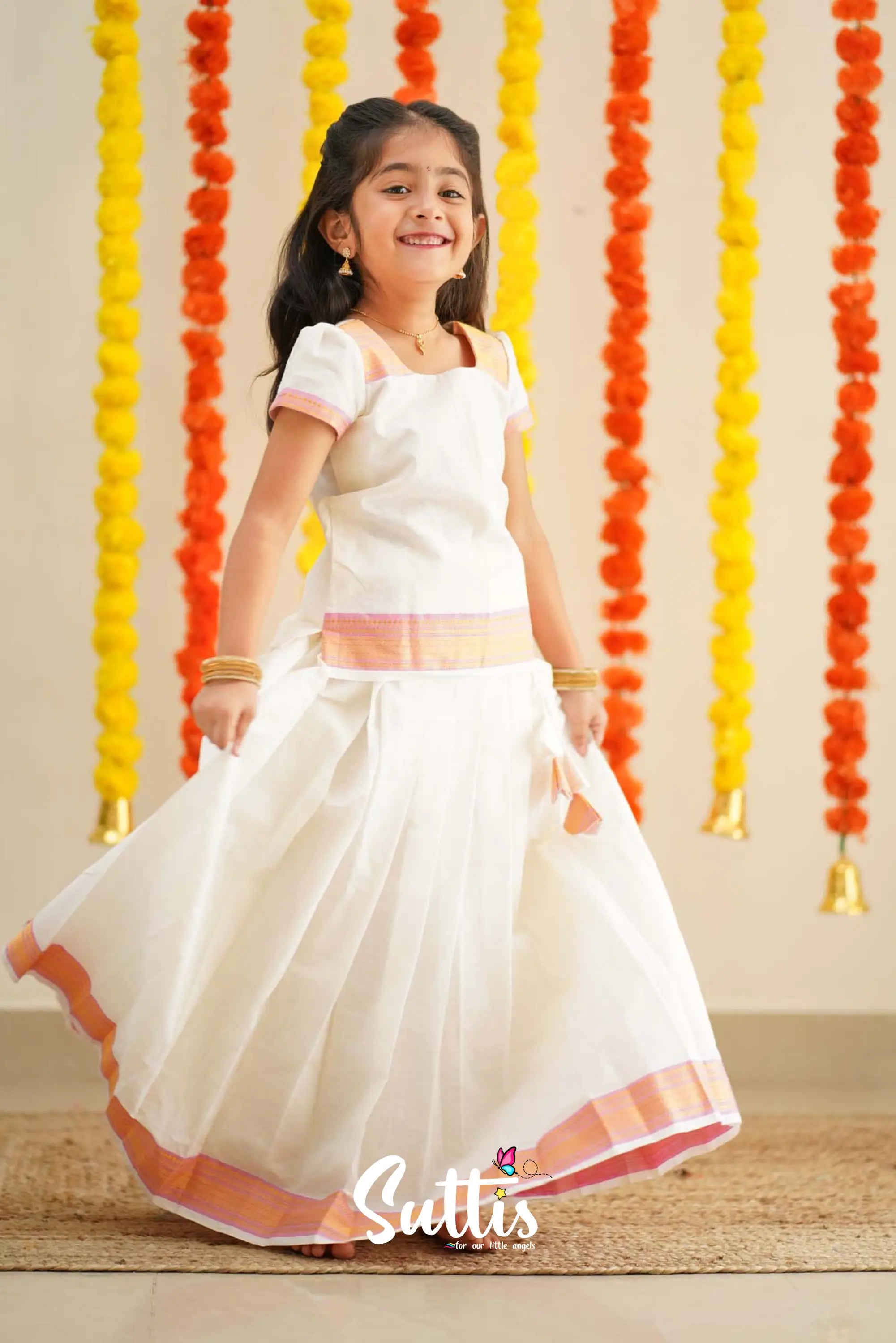 Savarna - White And Baby Pink Handloom Cotton Pavadai Sattai Kids-Suttis