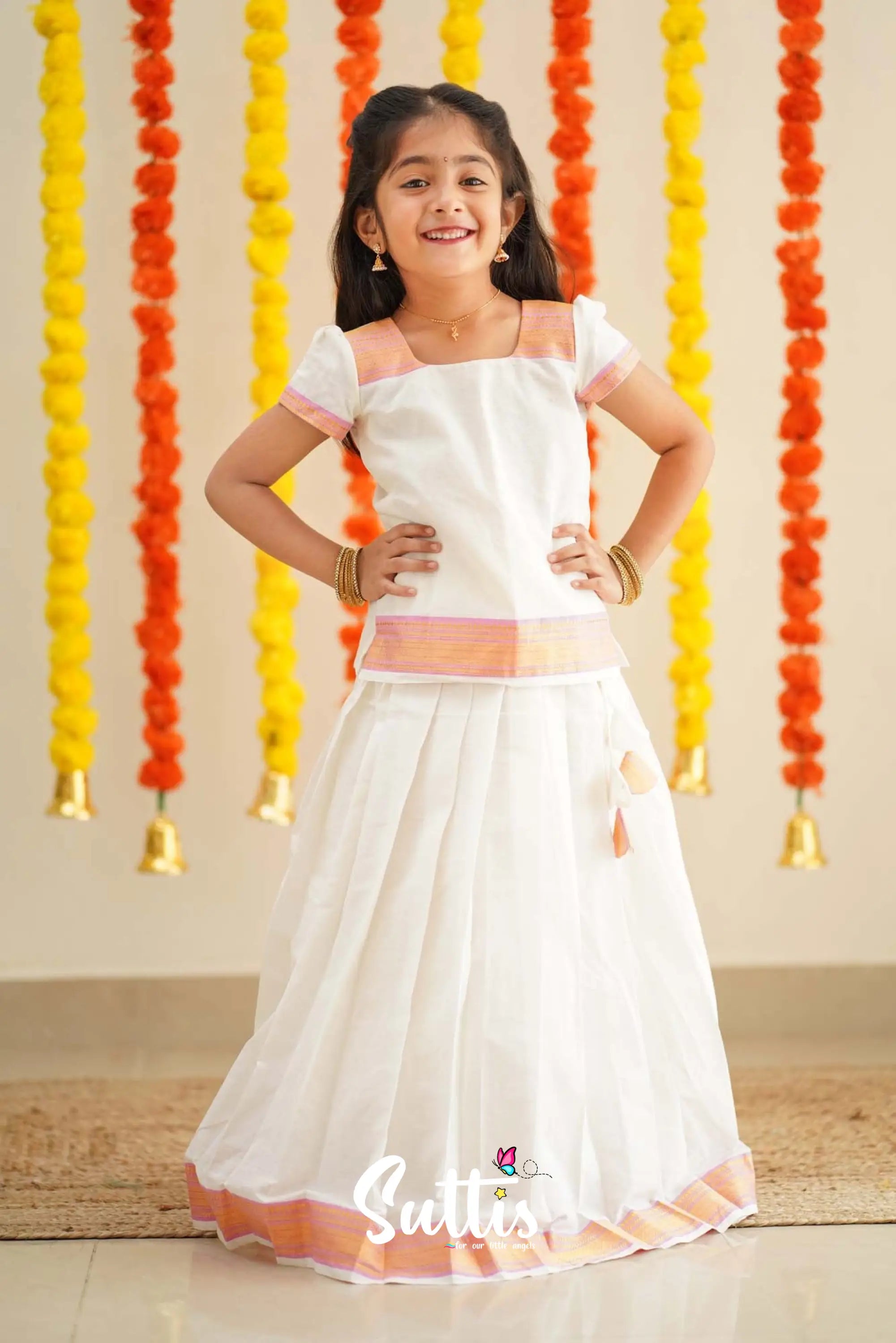 Savarna - White And Baby Pink Handloom Cotton Pavadai Sattai Kids-Suttis