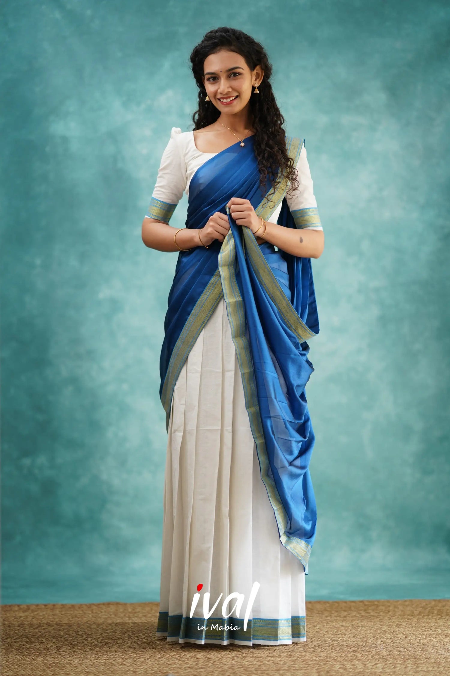 Savarna - White And Deep Ocean Blue Cotton Halfsaree Half Sarees