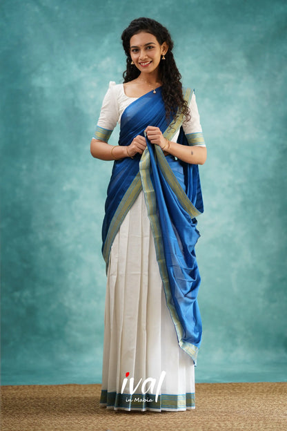 Savarna - White And Deep Ocean Blue Cotton Halfsaree Half Sarees