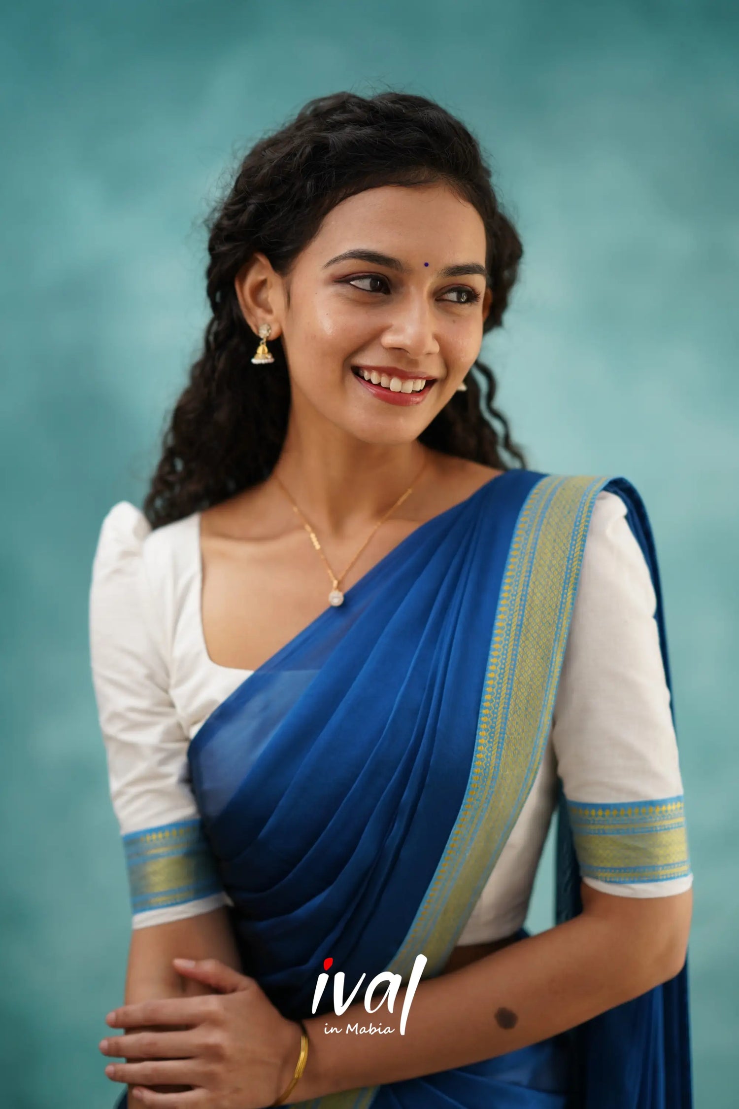 Savarna - White And Deep Ocean Blue Cotton Halfsaree Half Sarees