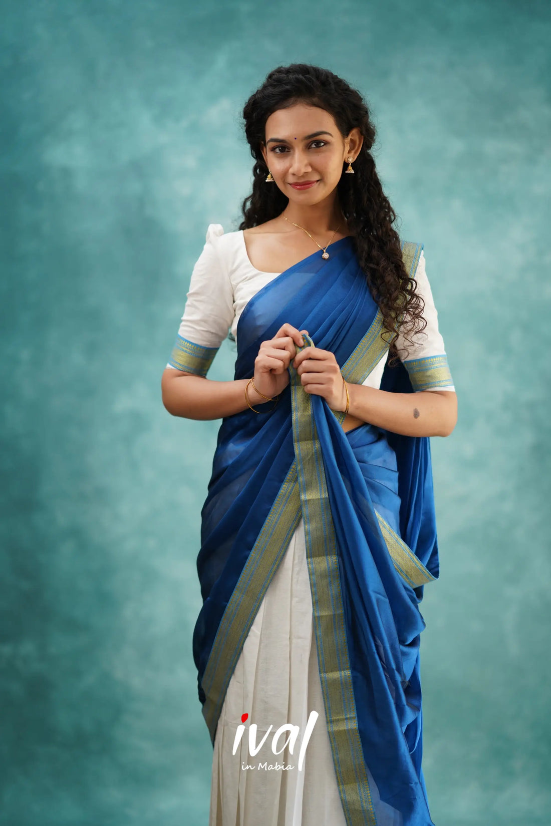 Savarna - White And Deep Ocean Blue Cotton Halfsaree Half Sarees