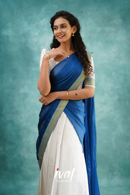 Savarna - White And Deep Ocean Blue Cotton Halfsaree Half Sarees