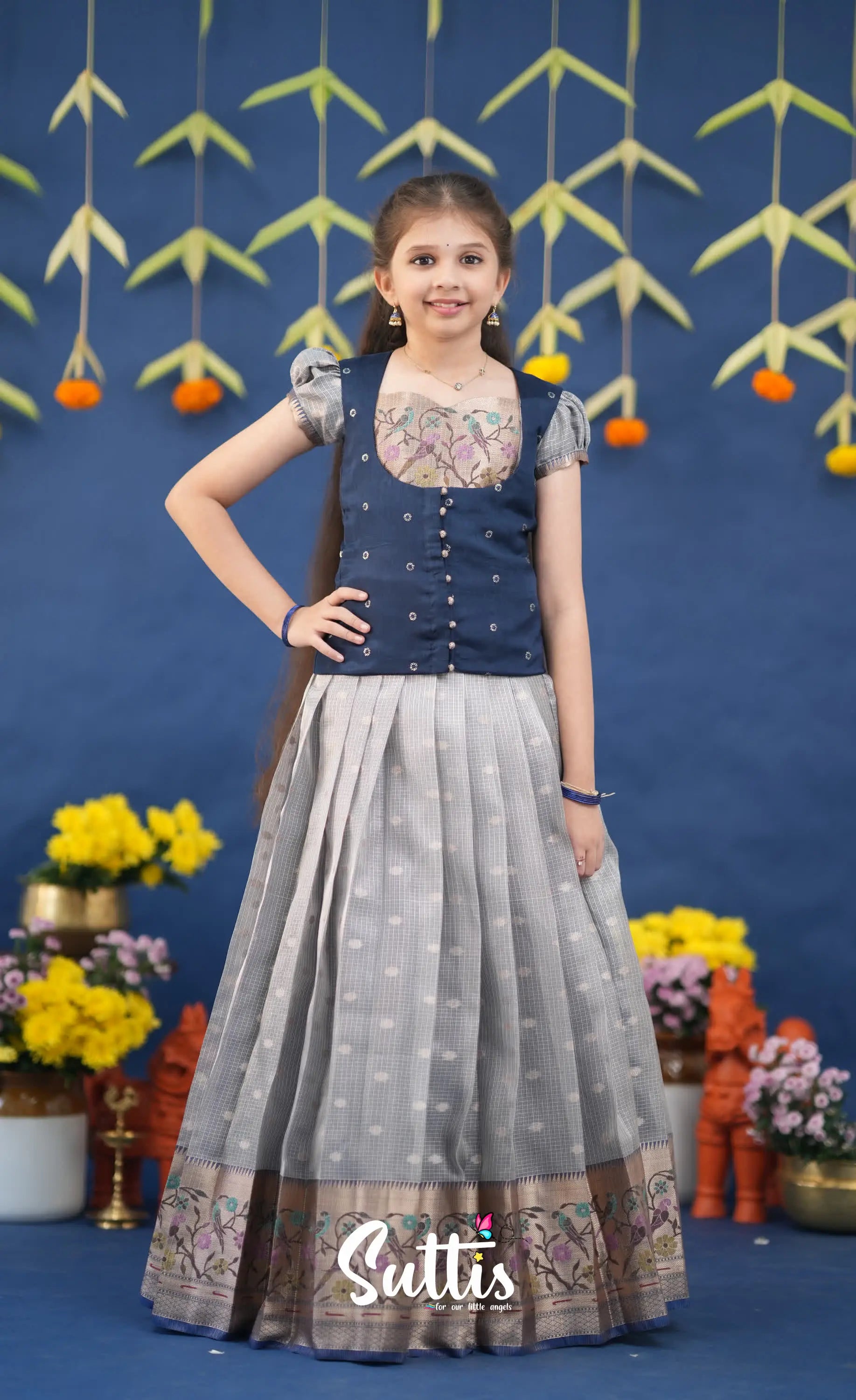 Sayuri Ash and Navy Blue Paithani Kota Pavadai Sattai Kids-Suttis