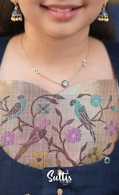 Sayuri Ash and Navy Blue Paithani Kota Pavadai Sattai Kids-Suttis