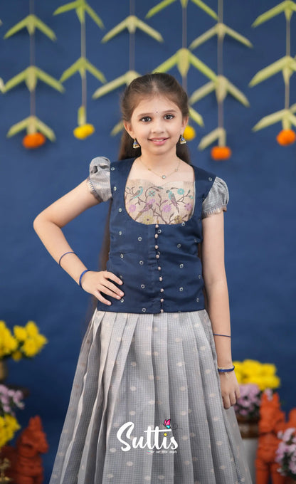 Sayuri Ash and Navy Blue Paithani Kota Pavadai Sattai Kids-Suttis