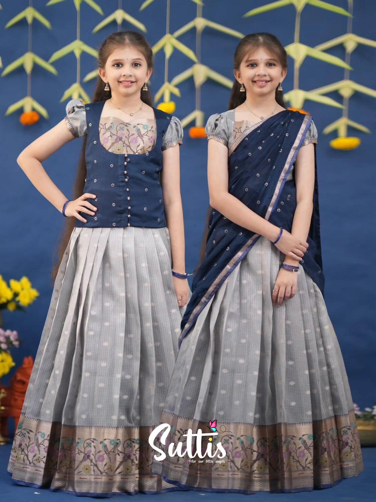 Sayuri Ash and Navy Blue Paithani Kota Pavadai Sattai Kids-Suttis
