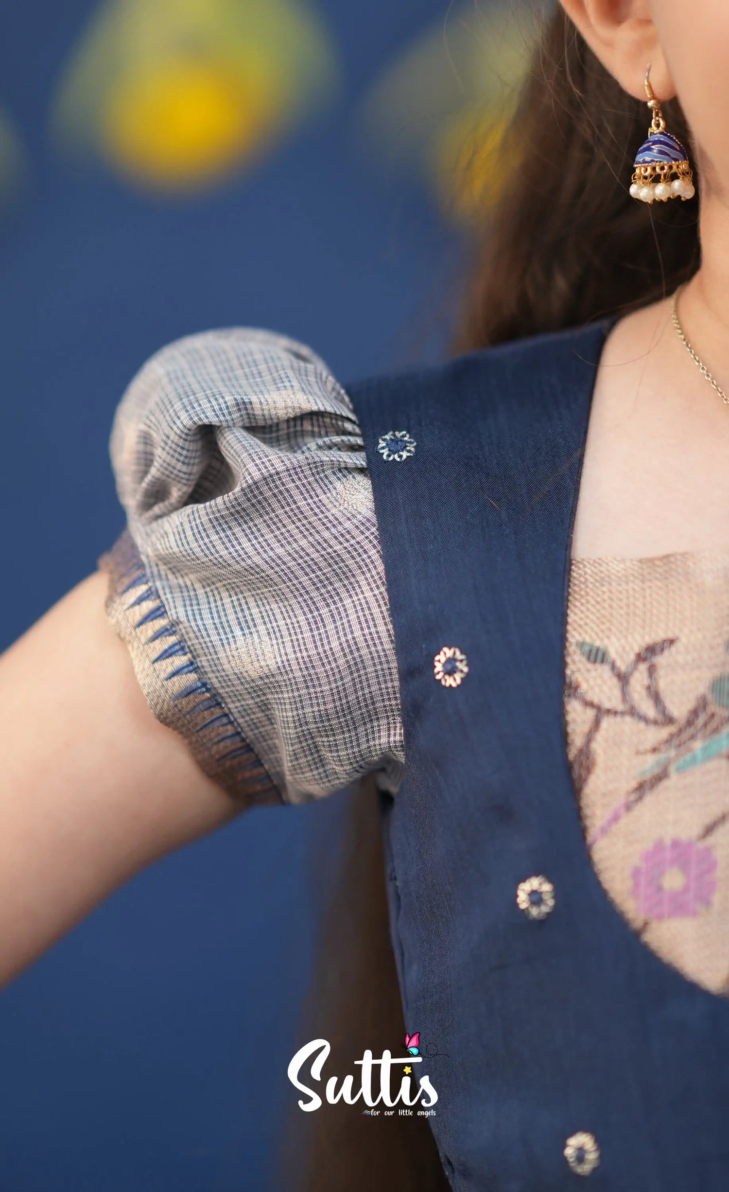 Sayuri Ash and Navy Blue Paithani Kota Pavadai Sattai Kids-Suttis