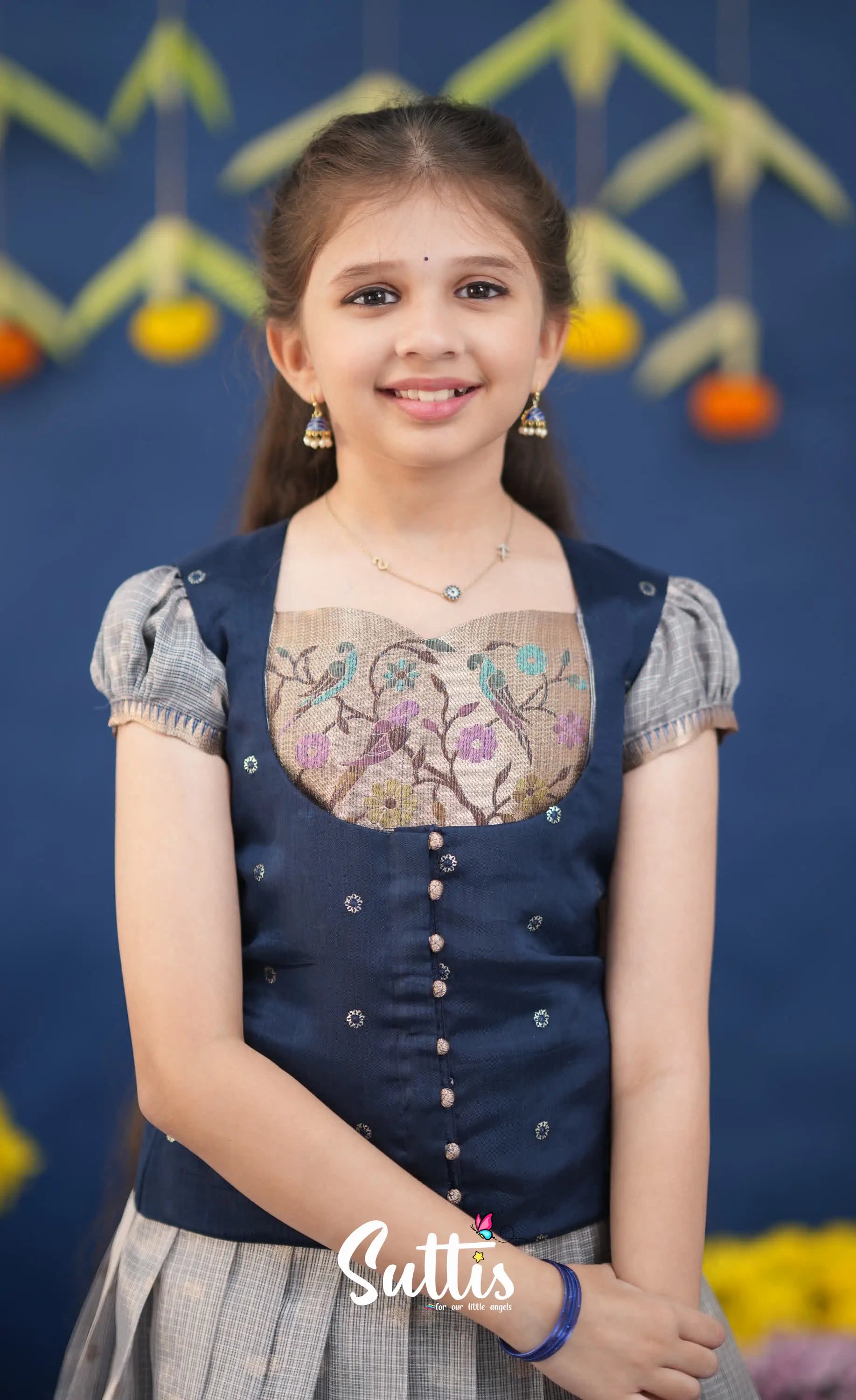 Sayuri Ash and Navy Blue Paithani Kota Pavadai Sattai Kids-Suttis