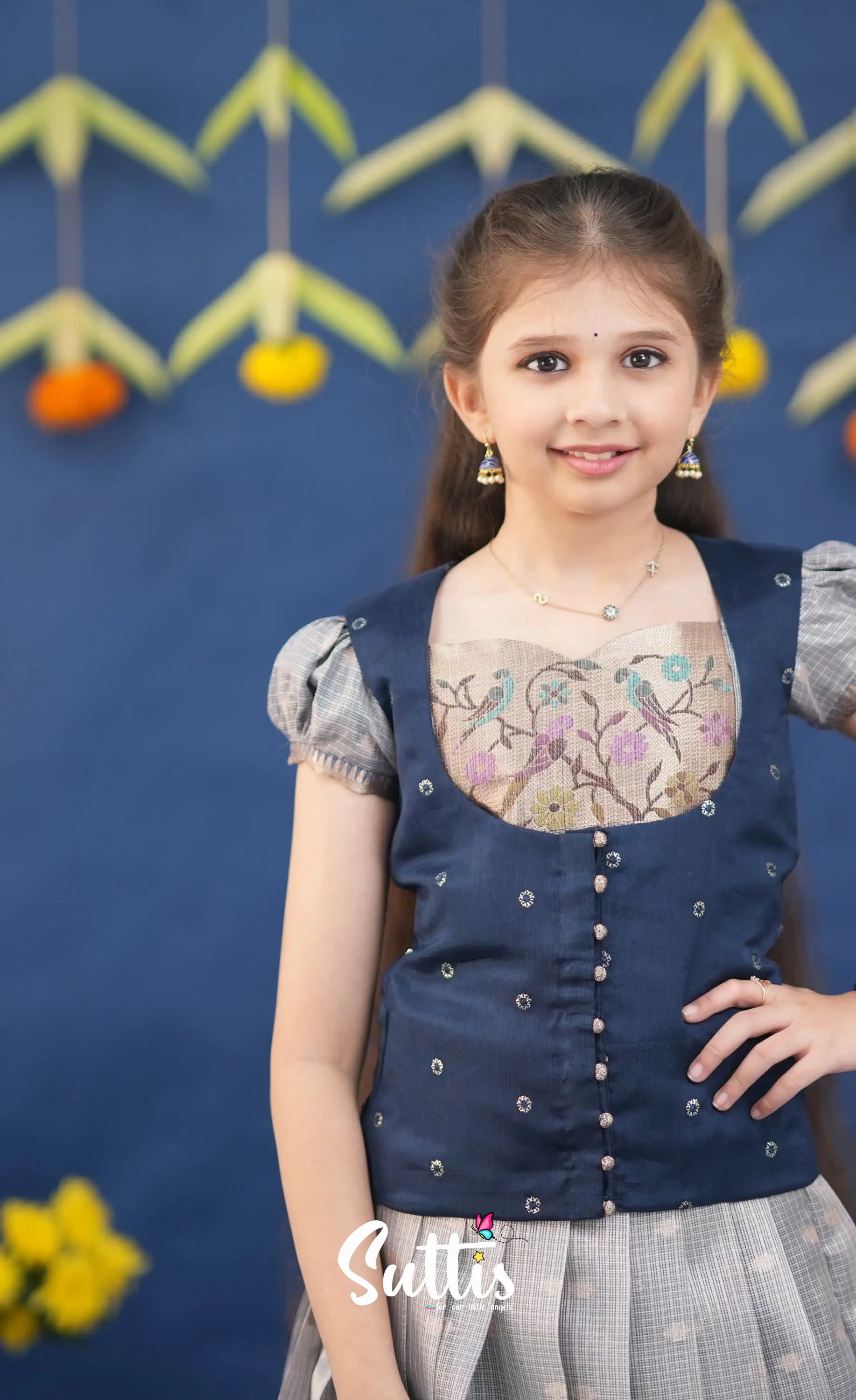 Sayuri Ash and Navy Blue Paithani Kota Pavadai Sattai Kids-Suttis