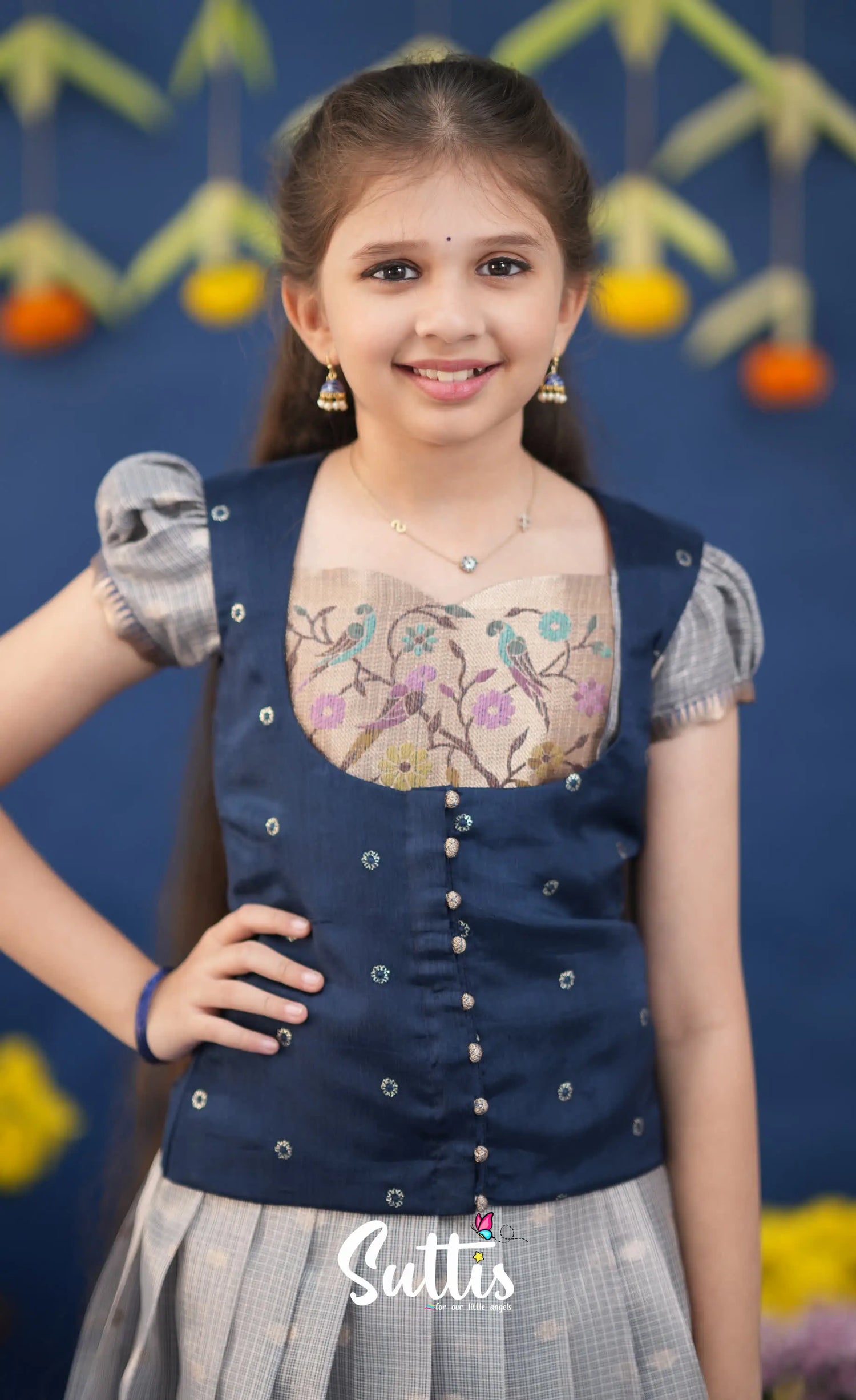 Sayuri Ash and Navy Blue Paithani Kota Pavadai Sattai Kids-Suttis