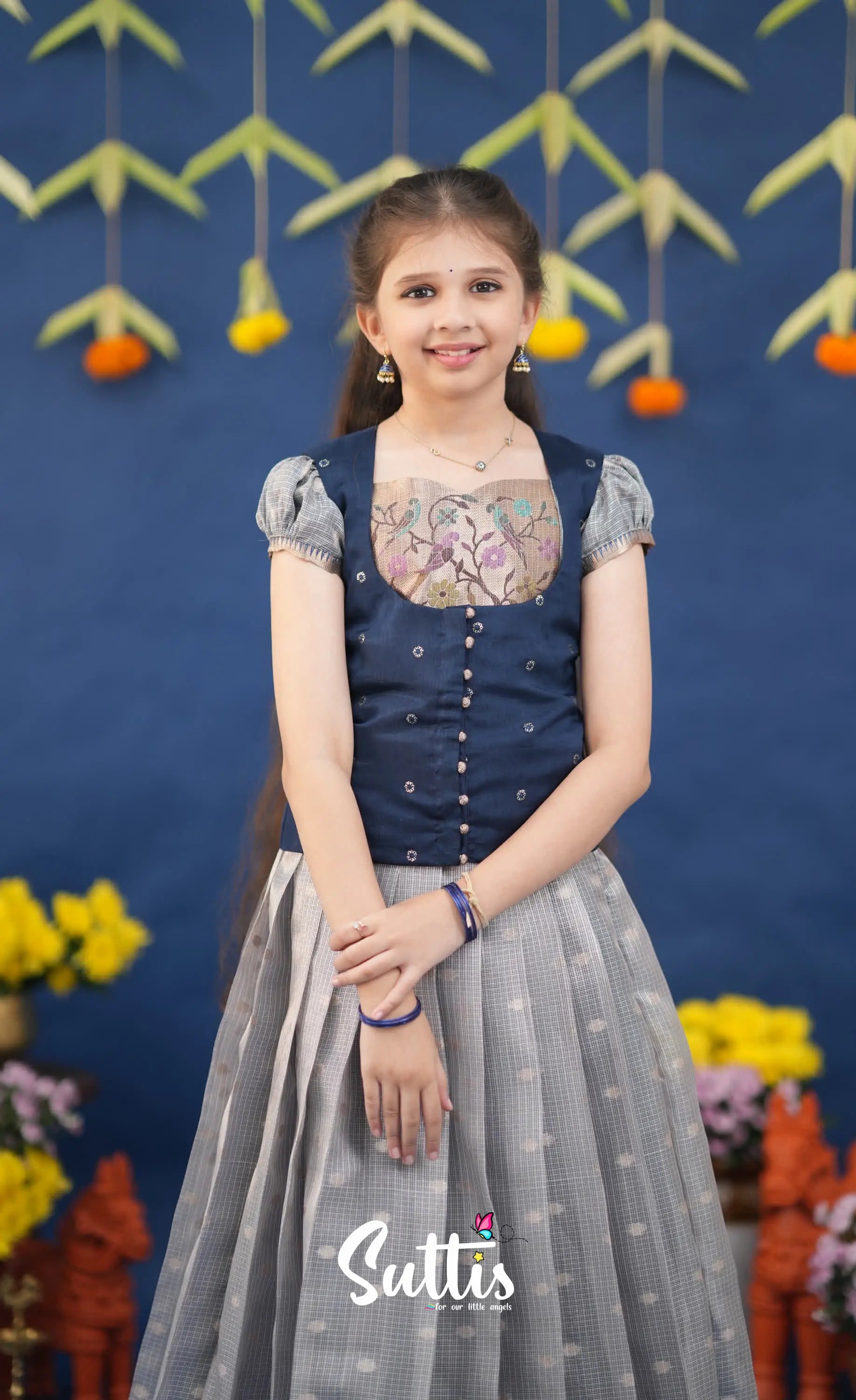 Sayuri Ash and Navy Blue Paithani Kota Pavadai Sattai Kids-Suttis